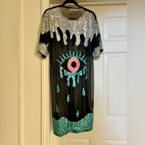 Unique Sequin Eye Mini Dress - Black with Silver, Pink & Teal Accents